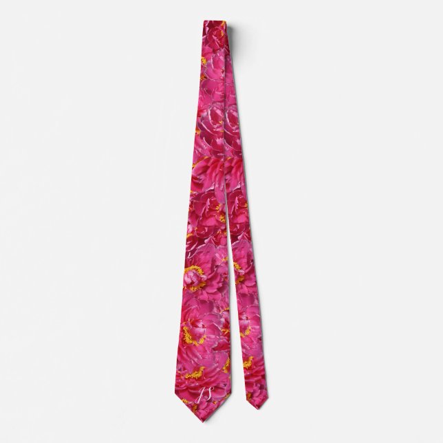 Elegant Pink Peony Stylish Calligraphy Monogram Tie (Front)