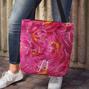 Elegant Pink Peony Stylish Calligraphy Monogram Tote Bag
