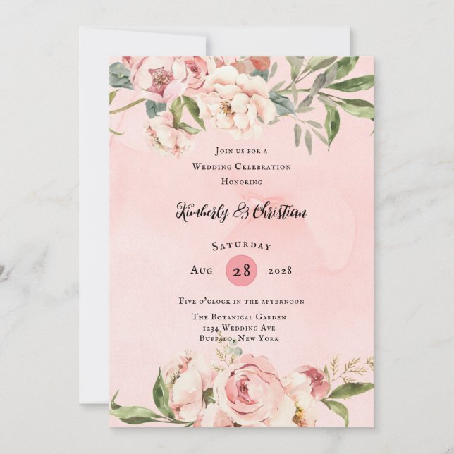 Elegant Pink Peony Watercolor Wedding Celebration Invitation (Front)