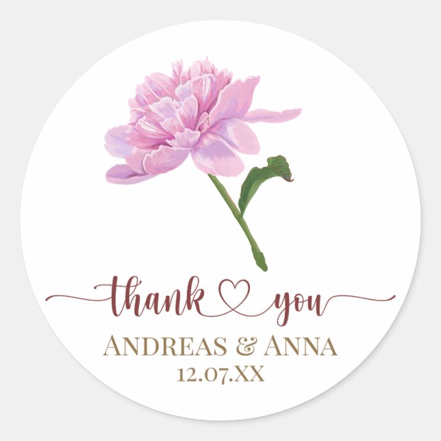 Elegant Pink Peony Wedding Thank You Classic Round Sticker (Front)