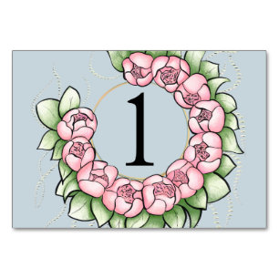 Elegant Pink Peony Wreath Watercolor Wedding Table Number