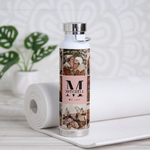 Elegant Pink Personalized Monogram & Photo Collage Water Bottle