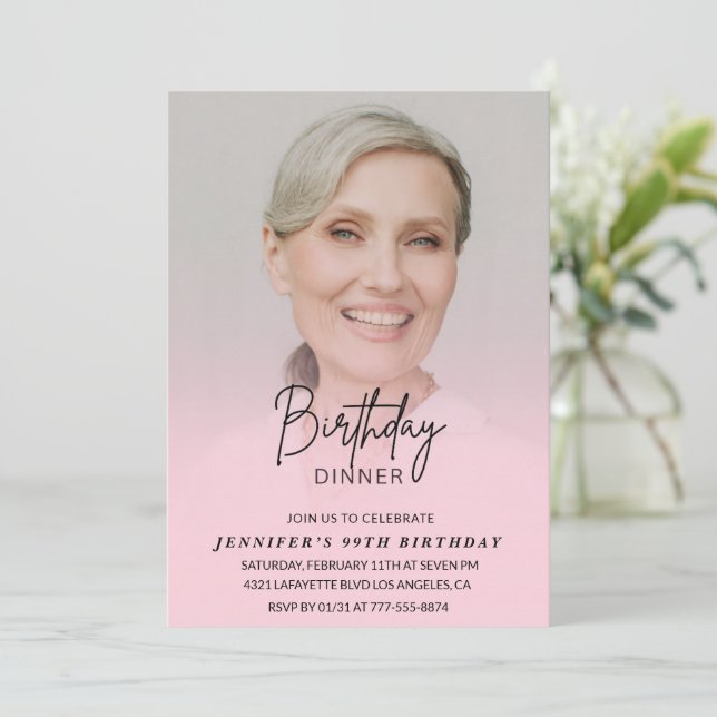 Elegant Pink Photo Dinner 99th birthday  Invitation (Standing Front)