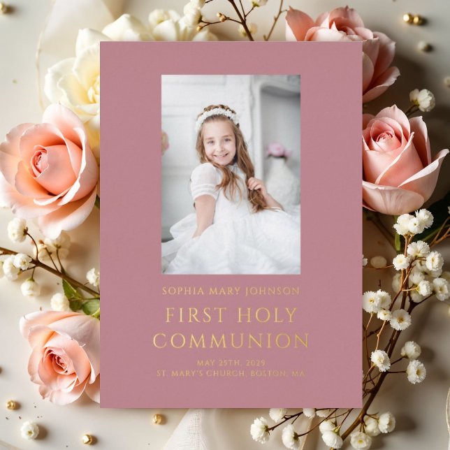 Elegant Pink Photo Girl First Communion Gold (Elegant Pink Photo Girl First Communion Gold Foil Invitation)