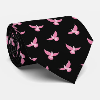 Elegant Pink Pigeon on Black Seamless Pattern Tie