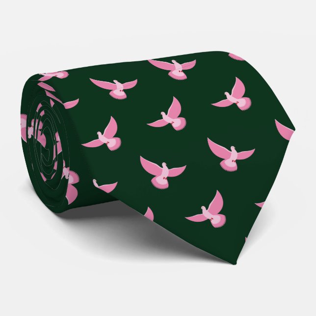 Elegant Pink Pigeon on Dark Green Seamless Pattern Tie (Rolled)