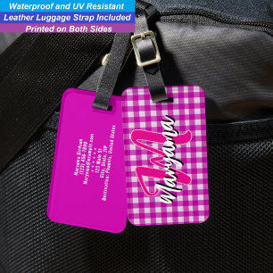 Elegant Pink Plaid Stylish Script Monogram Name Luggage Tag