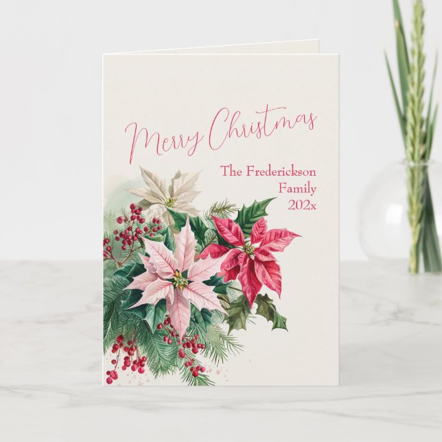 Elegant Pink Poinsettias Christmas Card (Front)