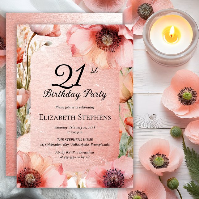 Elegant Pink Poppies Floral 21st Birthday Party Invitation (Elegant Pink Poppies Floral 21st  Birthday Party Invitation - Print | Digital Download)