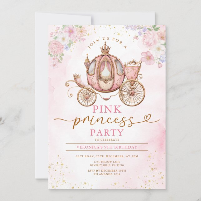 Elegant Pink Princess Birthday Carriage Flowers Invitation (Front)