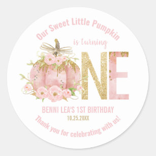 Elegant Pink Pumpkin 1st Birthday Favour Thank You Classic Round Sticker