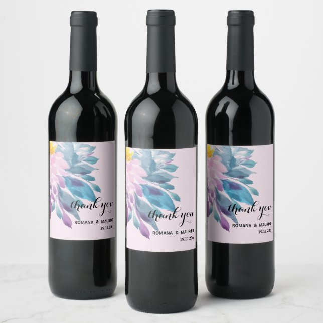 Elegant Pink Purple Blue Dahlia Watercolor Art Wine Label (Bottles)