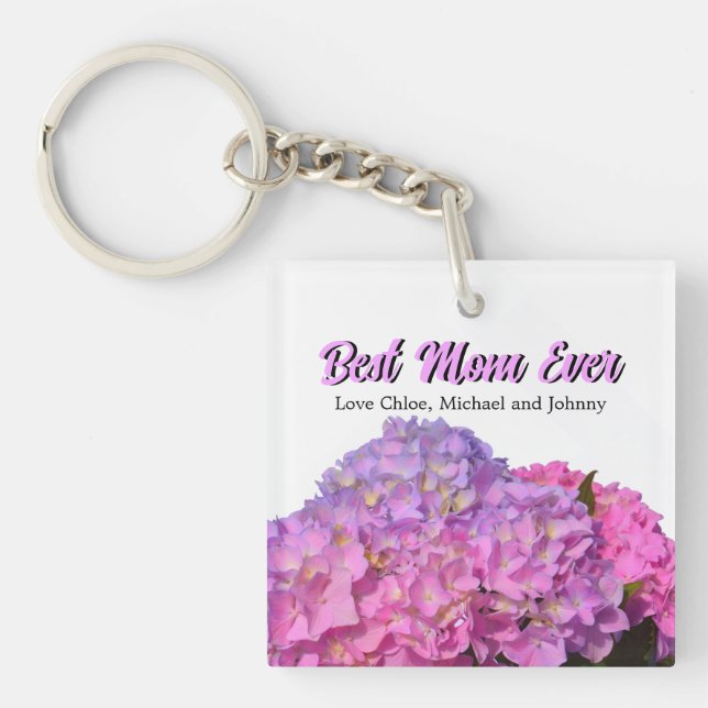Elegant pink purple blue floral Best mom ever Keychain (Front)