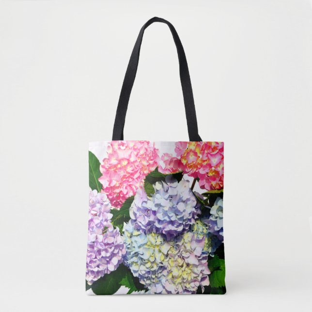 Elegant pink purple blue floral bouquet hydrangeas tote bag (Front)