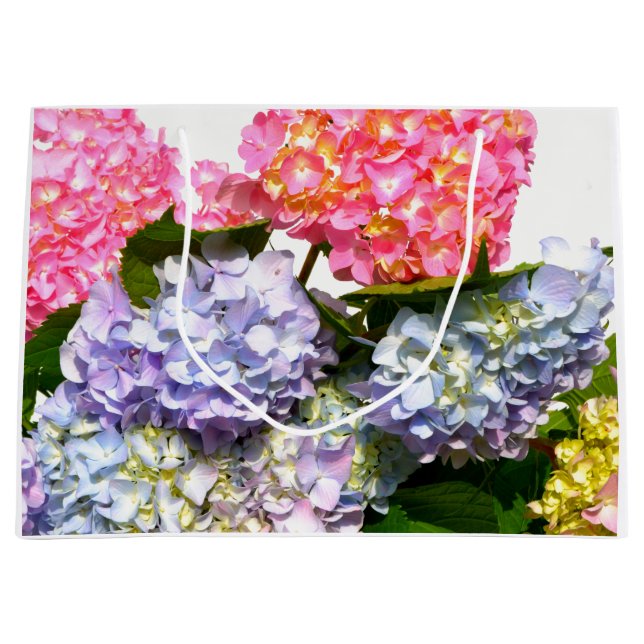 Elegant pink purple blue floral hydrangea bouquet large gift bag (Front)