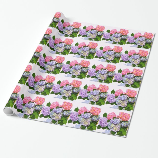 Elegant pink purple blue floral hydrangea bouquet wrapping paper (Unrolled)