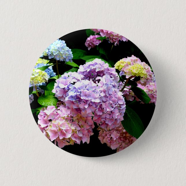 Elegant pink purple blue floral hydrangea gardens  2 inch round button (Front)