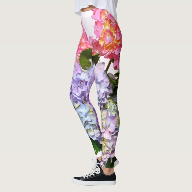 Elegant pink purple blue florals Hydrangea Bouquet Leggings (Left)