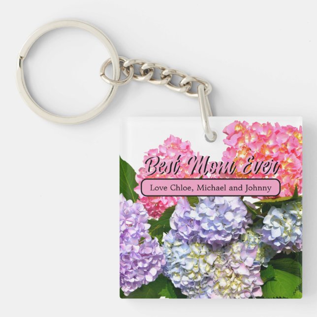 Elegant pink purple blue florals hydrangeas Mom Keychain (Front)