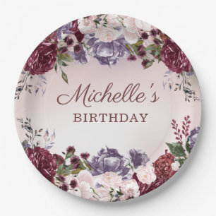 Elegant Pink Purple Burgundy Birthday Paper Plate