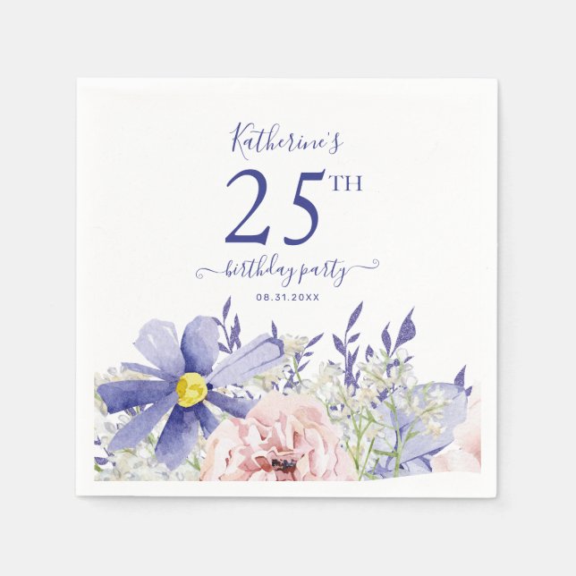 Elegant Pink Purple Floral 25th Birthday Party Napkin (Front)