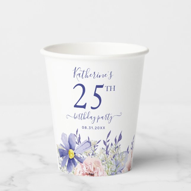 Elegant Pink Purple Floral 25th Birthday Party Paper Cups (Front)