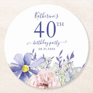 Elegant Pink Purple Floral 40th Birthday Party Round Paper Coaster