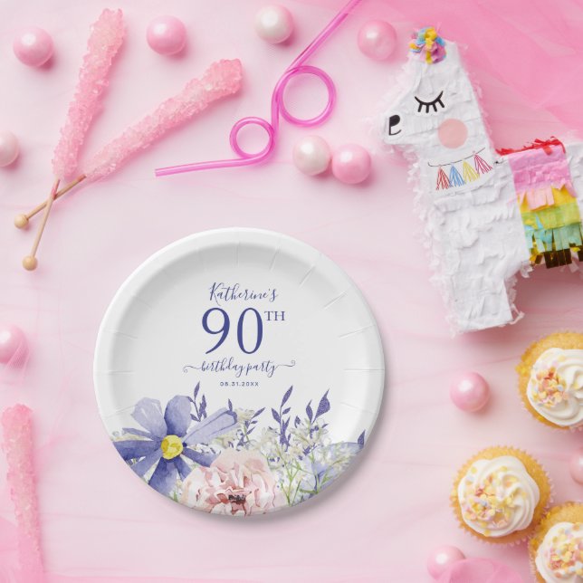 Elegant Pink Purple Floral 90th Birthday Party Paper Plate (Party)