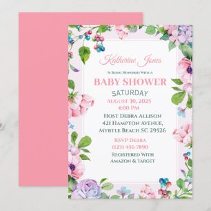 Elegant Pink Purple Floral Baby Shower Invitation