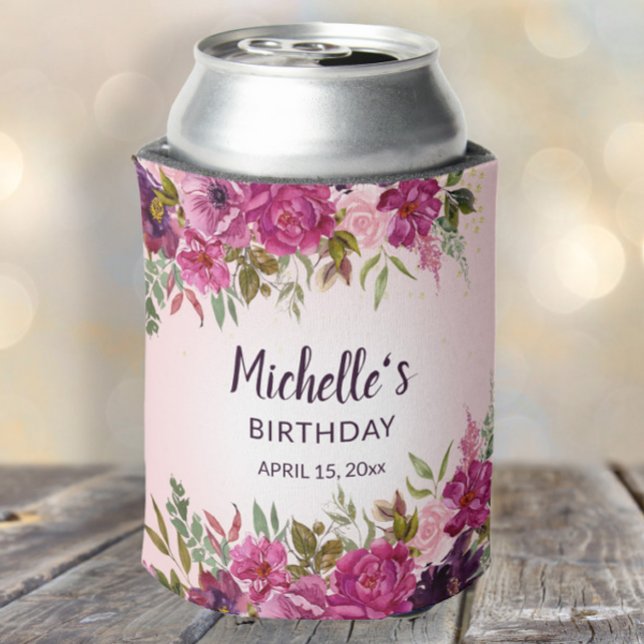 Elegant Pink Purple Floral Birthday Favours  Can Cooler (Pink and purple watercolor floral birthday party can coolers/party favors)