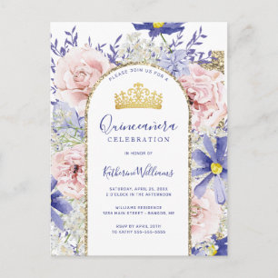 Elegant Pink Purple Floral Gold Tiara Quinceañera Postcard