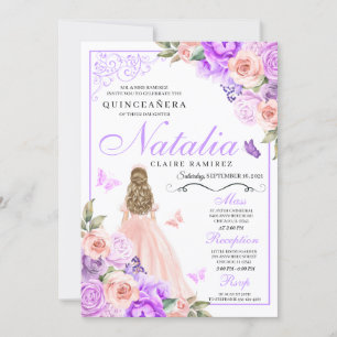 Elegant Pink & Purple Floral Quinceanera Birthday Invitation