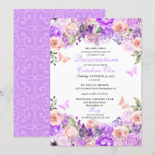Elegant Pink & Purple Floral Quinceanera Birthday Invitation