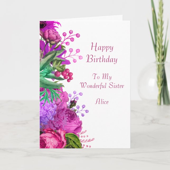 Elegant Pink Purple Floral Sister Name Birthday Card (Front)
