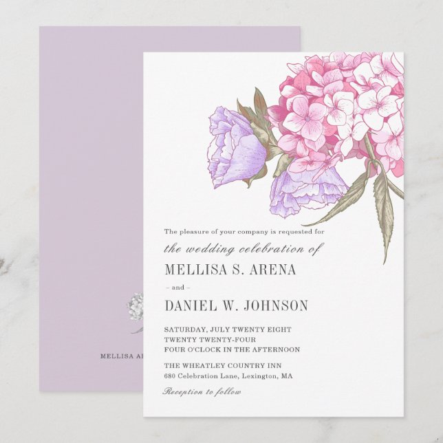 Elegant Pink Purple Floral Wedding Invitation (Front/Back)