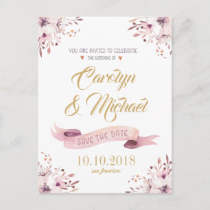 Elegant Pink Purple flowers save the Date Announcement Postcard