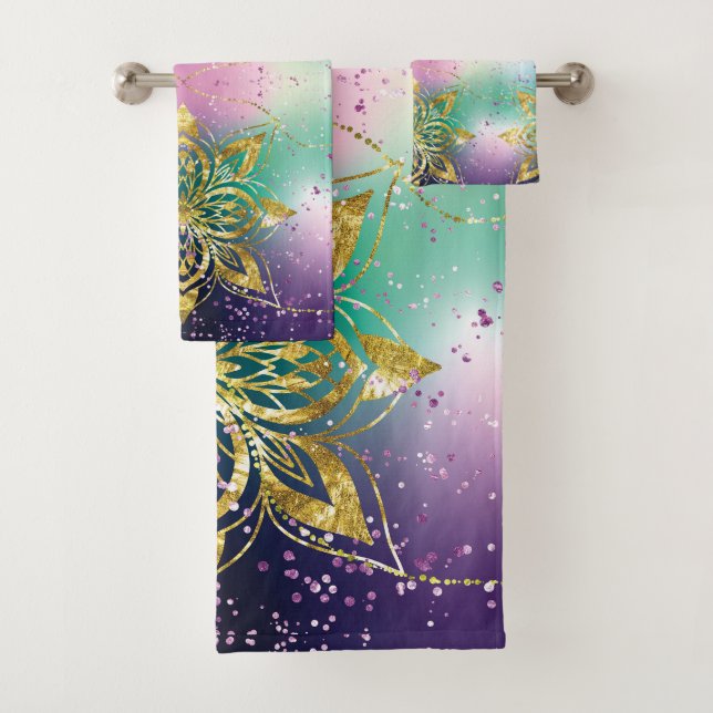  Elegant Pink purple green holiday Snowflakes star Bath Towel Set (Insitu)