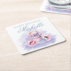 Elegant Pink Purple Happy Birthday Tea Party Square Paper Coaster