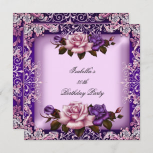 Elegant Pink Purple Lilac Rose 80th Birthday Party Invitation