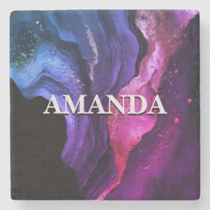 Elegant pink purple marble art faux glitter stone coaster