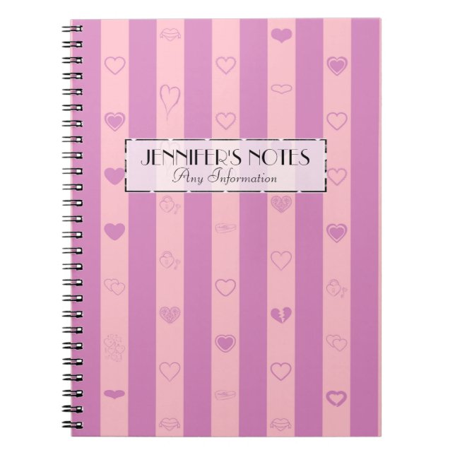 Elegant Pink Purple Stripes Modern Heart Pattern Notebook (Front)