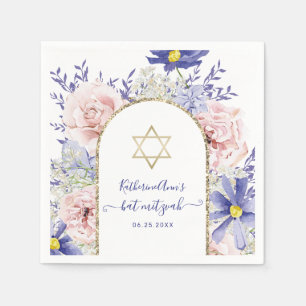 Elegant Pink Purple Watercolor Floral Bat Mitzvah Napkin