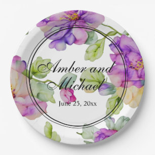 Elegant pink purple watercolor floral Wedding Paper Plate