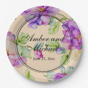 Elegant pink purple watercolor floral Wedding Paper Plate