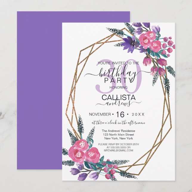 Elegant Pink Purple Watercolor Flowers Birthday Invitation (Front/Back)