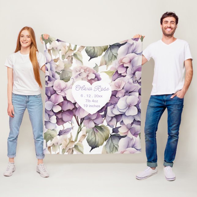 Elegant pink purple watercolor hydrangeas  fleece blanket (In Situ)
