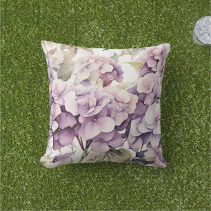 Elegant pink purple watercolor hydrangeas outdoor pillow
