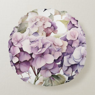 Elegant pink purple watercolor hydrangeas  round pillow