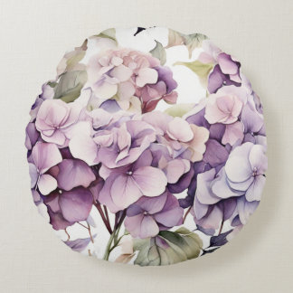 Elegant pink purple watercolor hydrangeas round pillow