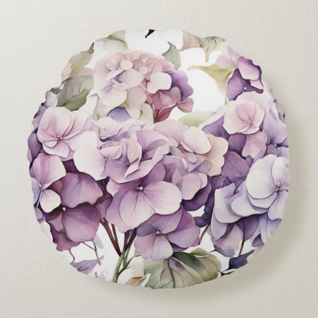 Elegant pink purple watercolor hydrangeas  round pillow (Front)